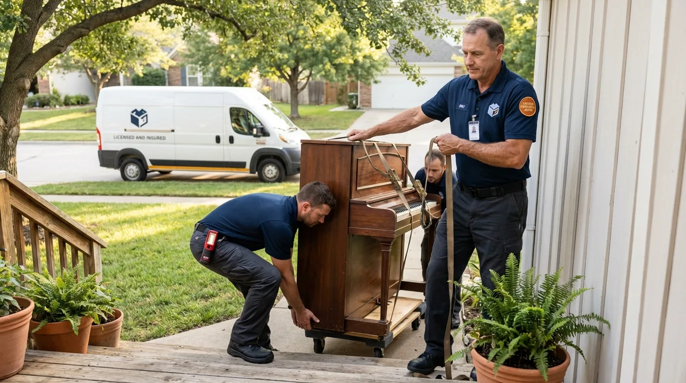 Licensed piano movers securing grand piano in Prospect Park, PA