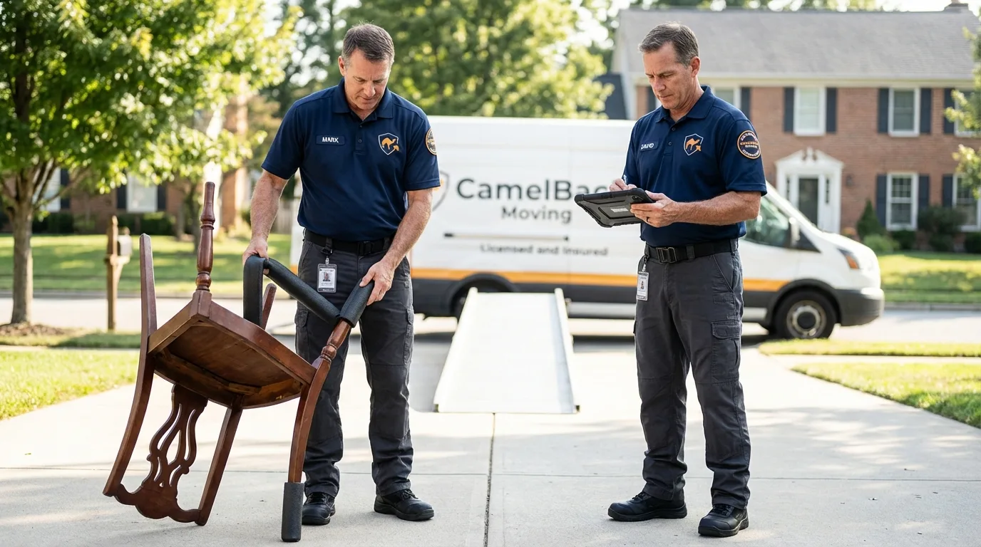 Movers inspecting furniture for damage prevention before loading in Prospect Park, PA