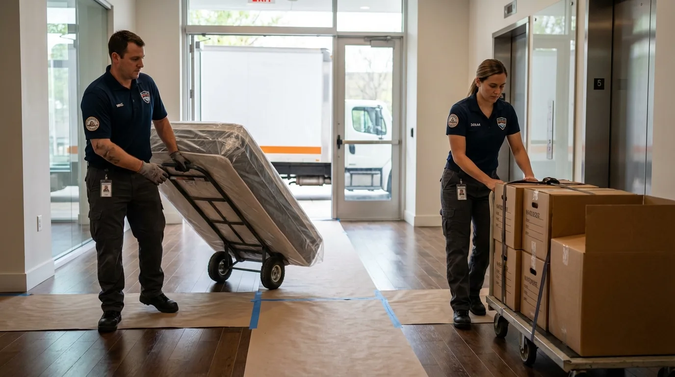 Professional apartment movers loading elevator in Prospect Park, PA